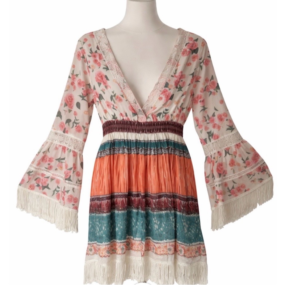 Cottagecore Boho Floral Mini Dress Lace Trim Fringe Bell Sleeve Festival Dress